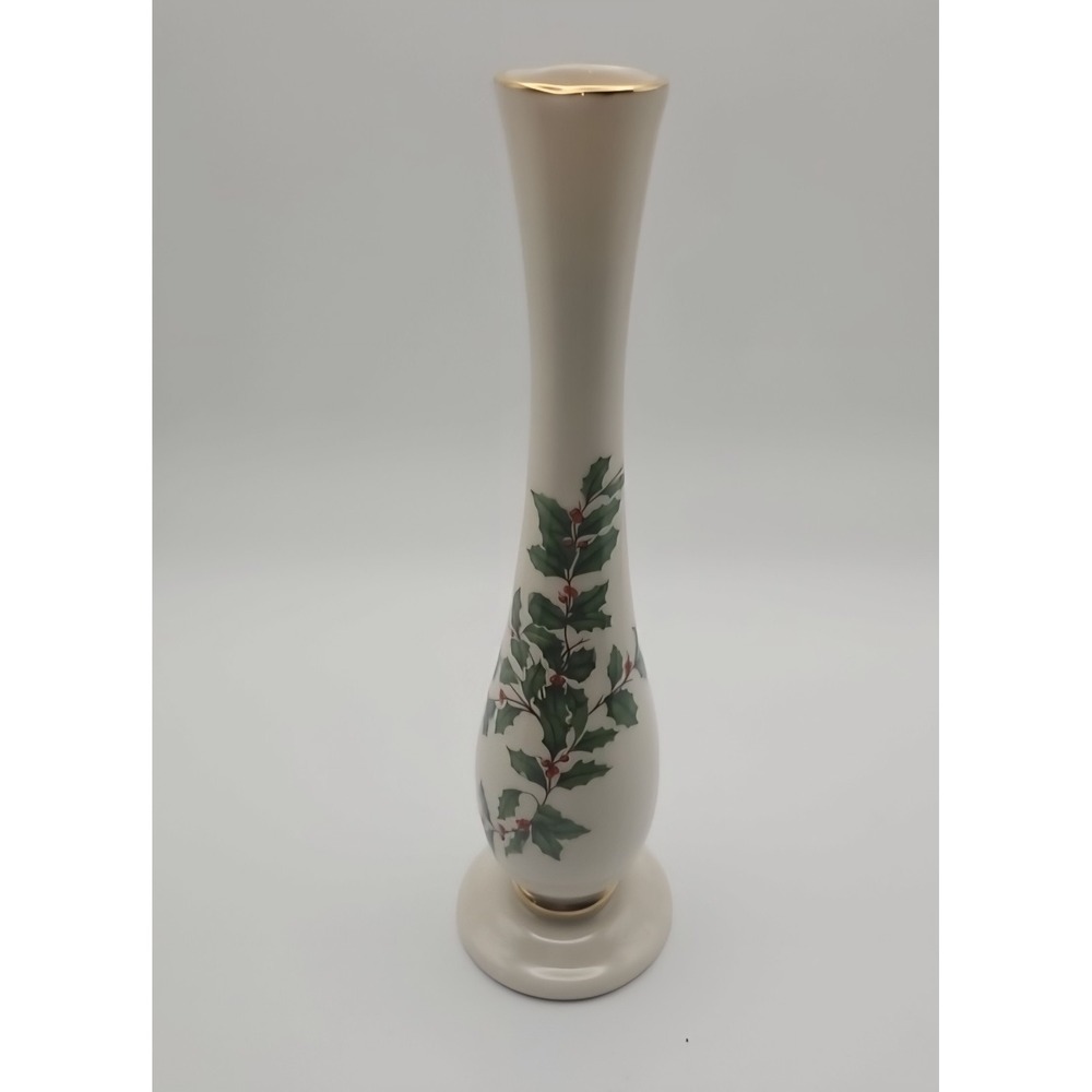 Lenox Holiday 7.5" Bud Vase Featuring Holly And Trimmed In Gold With Box